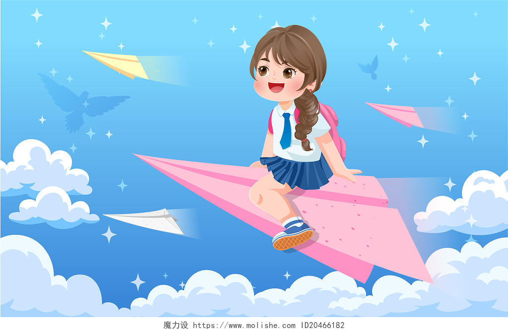 卡通风格天空背景学生骑纸飞机飞行梦想插画梦想纸飞机